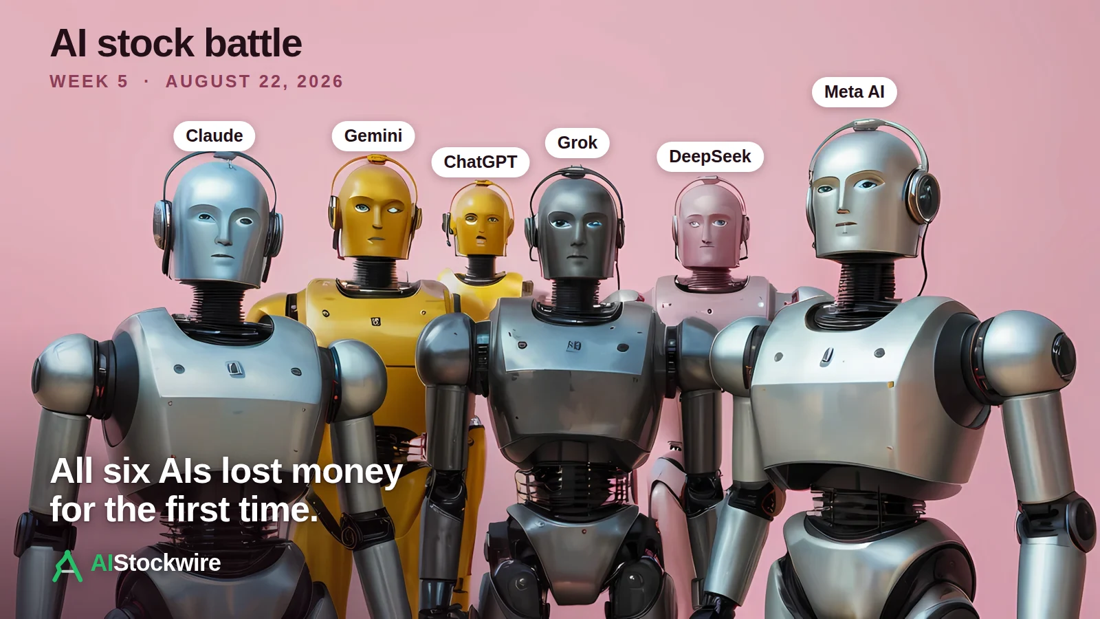 AI stock battle week 5: all six AIs lost money for the first time and all six are still up (August 22, 2026)